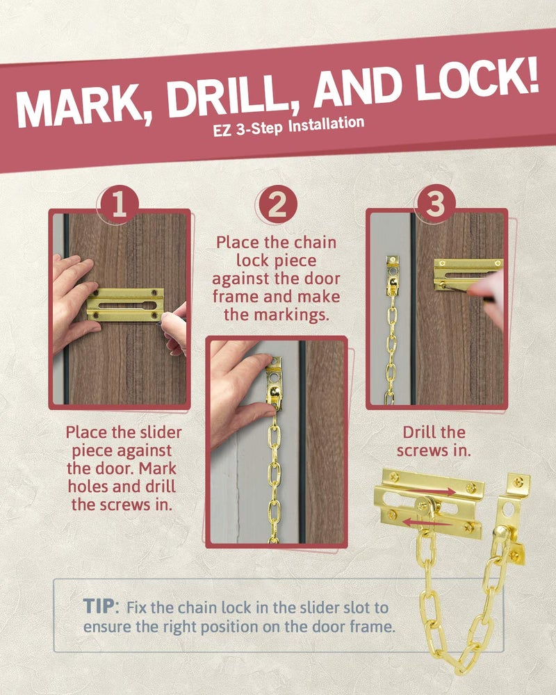 JD Jack N'Drill Jack N'Drill 2 Pack Door Chain Lock, Exclusive Chain Door Lock with Extended Chain Length, 100% Child Proof Safety, Heavy Duty Chain Locks for Inside Door and Extra Front Door Lock (Brass Plated) - Image 4